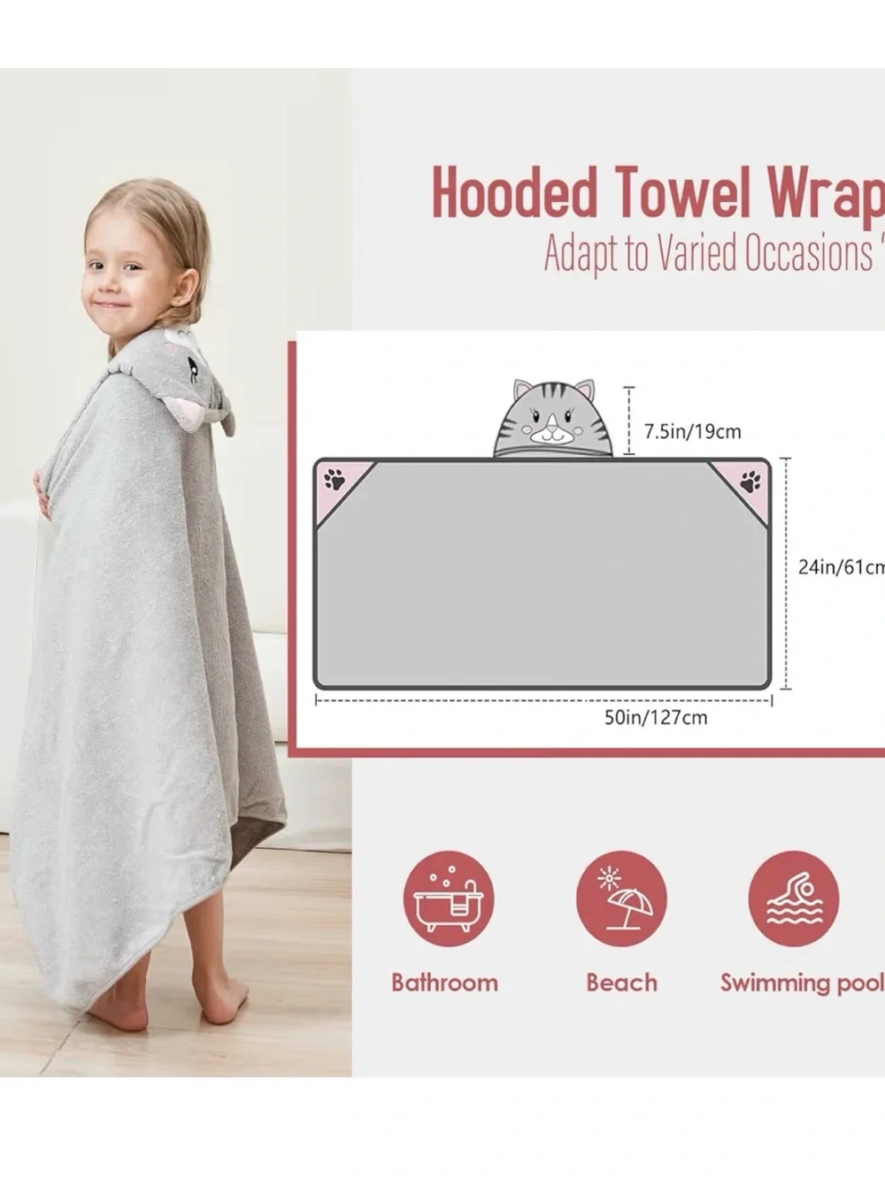 Kids Hooded Cat Towel Wrap - Gray 100% cotton